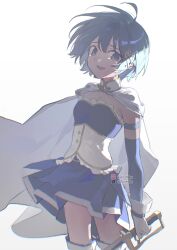 1girl bilibili_logo bilibili_username blue_eyes blue_hair blue_skirt cape chinese_commentary commentary_request crying crying_with_eyes_open fortissimo geezhii gloves hair_ornament hairclip highres holding holding_sword holding_weapon i'm_such_a_fool looking_at_viewer magical_girl mahou_shoujo_madoka_magica mahou_shoujo_madoka_magica_(anime) mahou_shoujo_madoka_magica_movie_1_&amp;_2 miki_sayaka miki_sayaka_(magical_girl) miniskirt musical_note musical_note_hair_ornament open_mouth short_hair simple_background skirt smile solo strapless sword tears twitter_username twitter_x_logo weapon white_background white_cape white_gloves