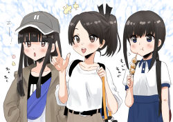 +++ 3girls backpack bag baseball_cap belt_bag black_hair black_shirt blue_skirt blunt_bangs brown_eyes brown_jacket brown_skirt food fubuki_(kancolle) fubuki_(maizuru)_(kancolle) grey_hat hat hatsuyuki_(kancolle) hatsuyuki_(maizuru_2023)_(kancolle) jacket kantai_collection kujira_naoto long_hair low_ponytail multiple_girls open_mouth ponytail shikinami_(kancolle) shikinami_(maizuru)_(kancolle) shirt short_hair short_ponytail skewer skirt smile teeth upper_body upper_teeth_only wagashi white_shirt 