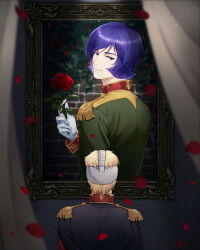  1boy 2boys belt black_capelet blonde_hair blue_hair blurry blurry_foreground brown_belt capelet char_aznable closed_mouth collar collared_jacket epaulettes eye_mask falling_petals flower garma_zabi gloves green_jacket gundam highres holding holding_flower jacket long_sleeves looking_at_another looking_at_viewer looking_back male_focus mask medium_hair military military_uniform mobile_suit_gundam multiple_boys murakami_(mrkm3103) petals portrait_(object) purple_hair red_collar red_flower red_jacket red_rose rose short_hair smile solo upper_body violet_eyes white_gloves zeon 