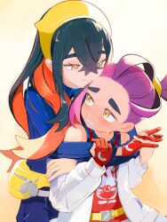  1boy 1girl artist_name bare_shoulders black_hair blue_jacket blue_pants blueberry_academy_school_uniform blush brother_and_sister carmine_(pokemon) colored_inner_hair commentary crossed_bangs eyelashes fanny_pack gloves hair_between_eyes hairband highres holding_hands hug hug_from_behind implied_incest interlocked_fingers jacket kieran_(pokemon) looking_at_another mole mole_on_neck multicolored_hair pants partially_fingerless_gloves pokemon pokemon_scarlet_and_violet purple_hair red_gloves red_hair school_uniform shiro_(46isou) siblings single_glove smile sweat twitter_username two-tone_hair untranslatable_commentary white_jacket yellow_eyes yellow_hairband 
