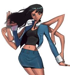  1girl black_hair blue_eyes blue_skirt blunt_bangs closed_mouth commentary cropped_jacket devil_fruit_power english_commentary extra_arms floating_hair highres long_hair looking_at_viewer midriff navel nico_robin one_piece shaqalakk simple_background skirt solo white_background 