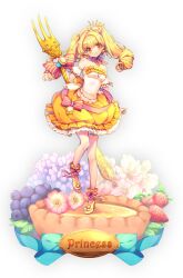 1girl aki_(aki_mechdoll) ankle_cuffs aqua_bow aqua_ribbon armpits bare_shoulders blonde_hair blueberry blush bow breasts brooch brown_eyes brown_pupils bubble_skirt chinese_commentary cleavage cleavage_cutout collarbone commentary crown cutlery dessert detached_sleeves dot_nose egg_tart egg_tart_princess food food-themed_clothes food-themed_hair_ornament fork frilled_hairband frilled_skirt frilled_sleeves frills full_body gold_crown gold_cutlery gold_fork gradient_flower grey_background hair_between_eyes hair_intakes hair_ornament hairband head_tilt heart_print high_heels highres holding holding_fork lace-trimmed_skirt lace_trim layered_shirt leaf leg_up light_blush long_hair looking_at_viewer medium_breasts orange_eyes original pink_flower puffy_detached_sleeves puffy_sleeves purple_flower red_bow red_hairband red_ribbon ribbon ruffles shirt shoes simple_background skirt solo standing standing_on_food standing_on_one_leg strapless strapless_shirt strawberry striped striped_bow striped_clothes striped_hairband striped_shirt tareme twintails two-tone_bow two-tone_hairband two_side_up waist_bow wavy_hair wavy_sidelocks white_background white_bow white_dress white_flower white_hairband white_ribbon white_shirt white_sleeves wrist_cuffs yellow_eyes yellow_shirt yellow_shoes yellow_skirt yellow_wrist_cuffs