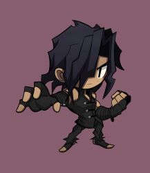  1boy absurdres barefoot biceps black_eyes black_gloves black_hair black_pants black_shirt chibi chibi_only chinese_clothes clenched_hand fighting_stance fingerless_gloves glaring gloves hair_over_one_eye highres higureroom kishima_kouma looking_at_viewer male_focus melty_blood muscular muscular_male outstretched_arm outstretched_hand pants shirt short_hair sleeveless sleeveless_shirt solo tangzhuang toes tsukihime 