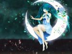  aqua_hair bare_shoulders crescent_moon dress flower hair_flower hair_ornament hand_on_own_chest hand_to_chest hatsune_miku legs moon night plant sitting sky star_(sky) starry_sky vines vocaloid yocchin 