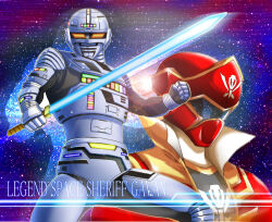  2boys armored_bodysuit assault_visor black_bodysuit black_visor bodysuit character_name commentary_request company_connection energy_sword gavan gavarion_blade glowing glowing_eyes gokai_red gold_trim helmet holding holding_sword holding_weapon jacket kaizoku_sentai_gokaiger metal_hero multiple_boys open_clothes open_jacket orange_eyes red_helmet red_jacket silver_armor super_sentai sword tokusatsu uchuu_keiji_gavan weapon yonecchi 