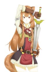  1girl absurdres alternate_breast_size_(smaller) animal_ear_fluff animal_ears arm_up armor belt black_dress blunt_bangs breastplate breasts brown_armor brown_belt brown_gloves brown_hair closed_mouth collared_dress commentary_request cowboy_shot double-parted_bangs dress elbow_gloves frown gloves gutsu_g hair_between_eyes hair_tubes high_collar highres holding holding_sword holding_weapon layered_dress leather leather_armor leather_gloves long_hair long_sleeves looking_at_viewer metal_arm_cuffs metal_hair_tubes metal_wrist_cuffs neck_ribbon partial_commentary pinstripe_dress pinstripe_pattern raccoon_ears raccoon_girl raccoon_tail raphtalia red_dress red_eyes red_ribbon ribbon scabbard sheath short_dress simple_background sleeveless sleeveless_dress small_breasts solo split_mouth straight-on straight_hair sword tail tanuki tate_no_yuusha_no_nariagari two-tone_dress unsheathing weapon white_background white_dress 