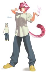  1girl :3 animal_ears arichuu_u artist_name blush breasts bubble closed_mouth commentary cosplay crocs drinking_straw english_commentary eyelashes full_body grey_pants highres holding holding_drinking_straw hololive hololive_english large_breasts looking_at_viewer multicolored_hair panther_ears panther_girl panther_tail pants paw_pose pink_hair pink_tail raora_panthera reference_inset revision sandals satou_yaniko satou_yaniko_(cosplay) shirt short_hair short_sleeves simple_background smile solo standing streaked_hair tail virtual_youtuber white_background white_shirt yani_neko yellow_eyes yellow_sandals 