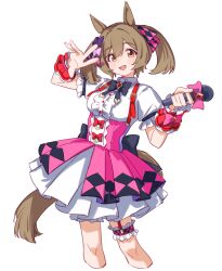  absurdres agay1996 animal_ears blush bow brown_hair center_frills ear_covers frills hair_bow highres holding holding_microphone horse_ears horse_girl horse_tail looking_at_viewer microphone multiple_hair_bows purple_bow simple_background smart_falcon_(umamusume) tail twintails umamusume v 
