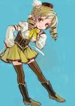  ama-tou blonde_hair boots brown_legwear drill_hair faux_traditional_media hand_on_hip hat highres leaning_forward magical_girl mahou_shoujo_madoka_magica smile solo thighhighs tomoe_mami twin_drills vertical-striped_legwear vertical_stripes yellow_eyes 