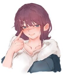  1girl blue_jacket brown_hair fang girls_band_cry grey_eyes highres index_finger_raised iseri_nina jacket kashiko_ma medium_hair open_mouth shirt simple_background skin_fang solo upper_body white_background white_shirt 
