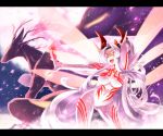  bodysuit creature fang fantasy fingernails hazuki_gean letterboxed long_hair multiple_wings outstretched_hand petals pixiv_fantasia pixiv_fantasia_5 smile solo white_hair wings yellow_eyes 