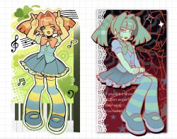  1girl bass_clef blue_eyes blue_shoes blue_skirt blue_vest blush_stickers bow bowtie commentary dancing dot_nose dual_persona english_text frilled_skirt frills frutiger_metro full_body grid_background hair_intakes highres horns_pose index_fingers_raised internet_yamero invisible_chair leg_warmers looking_at_viewer mary_janes milk_(milk319319) musical_note musical_staff muted_colors one_eye_closed open_mouth orange_bow orange_bowtie orange_hair outside_border piano_keys pointing pointing_up puffy_short_sleeves puffy_sleeves quarter_note regretevator roblox shoes short_sleeves single_blush_sticker sitting skirt smile stat_(regretevator) striped_leg_warmers sweatdrop treble_clef untranslatable_commentary vector_circles vest whimsy_twee zoom_layer 