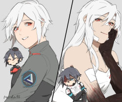  2girls ^_^ android ariane_yeong artist_name bandaid bandaid_on_face bandaid_on_nose black_hair black_hands blue_eyes bright_pupils chibi chibi_inset closed_eyes colored_extremities elster_(signalis) eyeshadow grey_background hand_on_own_face long_hair looking_at_viewer makeup moku96 multiple_girls multiple_views red_eyes red_eyeshadow short_hair signalis signature smile upper_body white_hair white_pupils 
