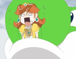 brown_hair commentary_request dress earrings flower_earrings jewelry kirihoshi kono_subarashii_sekai_ni_shukufuku_wo! open_mouth parody princess_daisy short_sleeves super_mario_bros. tears yellow_dress yoshi 