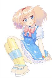 1girl :d blue_eyes blue_vest blush bow bowtie bracelet cropped english_commentary frilled_skirt frills highres jewelry mary_janes orange_hair pink_bow pink_bowtie puffy_short_sleeves puffy_sleeves regretevator regrevator1111111 roblox shirt shoes short_sleeves short_twintails simple_background skirt smile solo stat_(regretevator) striped_clothes striped_thighhighs thighhighs twintails vest white_background white_shirt white_shoes