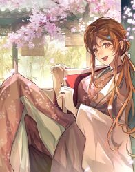  absurdres bamboo bamboo_forest bleach brown_eyes brown_hair cherry_blossoms commentary_request dig64515983 floral_print forest hair_between_eyes hair_ornament highres inoue_orihime japanese_clothes kimono lips long_hair nature pink_kimono sitting smile snowflake_hair_ornament solo 