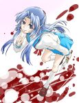  asakura_ryouko blood blue_eyes blue_hair highres knife leaning long_hair school_uniform solo suzumiya_haruhi_no_shoushitsu suzumiya_haruhi_no_yuuutsu yun-chan 