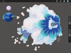  altaria arrow_(symbol) art_program_in_frame art_program_request artist_name commentary english_commentary fakemon full_body fusion glimmora grey_background grid_background highres kamabokobun mega_altaria mega_glimmora mega_pokemon mega_stone no_humans official_art_inset outline pokemon reference_inset solo white_outline 
