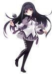  akemi_homura bad_id black_hair boots explosive expressionless grenade hairband highres liong long_hair looking_at_viewer magical_girl mahou_shoujo_madoka_magica no_nose pantyhose purple_eyes shield simple_background solo violet_eyes 