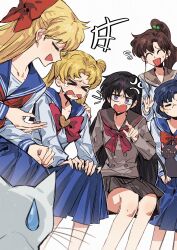  >_< 5girls aino_minako anger_vein artemis_(sailor_moon) bishoujo_senshi_sailor_moon black_cat black_hair blue_hair blue_sailor_collar blue_skirt bow bowtie brown_hair cat closed_eyes commentary_request crescent crescent_facial_mark crying double_bun facial_mark hair_bow hair_bun highres hino_rei juuban_middle_school_uniform kino_makoto kino_makoto's_school_uniform long_hair luna_(sailor_moon) mizuno_ami multiple_girls neckerchief red_bow red_bowtie red_neckerchief sailor_collar school_uniform shiba_koen_middle_school_uniform skirt ta_girls_school_uniform tsukino_usagi white_background white_cat yumi_xsh 
