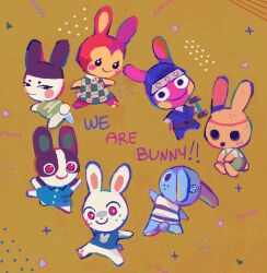  3boys 4girls animal_crossing animal_print balloon_animal black_sash blush_stickers brown_fur bunnie_(animal_crossing) butterfly_net caiabresebun chibi chibi_only coco_(animal_crossing) dotty_(animal_crossing) exercising freckles furry furry_female furry_male genji_(animal_crossing) hand_net holding holding_butterfly_net hollow_eyes hollow_mouth hopkins_(animal_crossing) multiple_boys multiple_girls pawpads pink_fur rabbit_boy rabbit_girl rabbit_print red_eyes ruby_(animal_crossing) sash snake_(animal_crossing) species_connection weightlifting white_fur yellow_background 