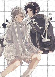  2boys akutagawa_ryuunosuke_(bungou_stray_dogs) apron arm_support black_hair black_shorts blush bungou_stray_dogs closed_mouth commentary_request crossdressing crossdressing_(mtf) frilled_apron frills grey_hair grey_jacket grey_shorts grid_background highres jacket jersey_maid kneehighs maid maid_apron maid_headdress male_focus male_maid multiple_boys nakajima_atsushi_(bungou_stray_dogs) short_hair shorts sidelocks simple_background socks totomuraakat track_jacket twitter_username unconventional_maid waist_apron white_apron white_background white_socks 