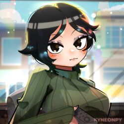  1girl artist_name black_hair blush brown_eyes closed_mouth commentary eyeshadow highres holding hollie_hawkes kyneonpy looking_at_viewer makeup purple_eyeshadow scott_pilgrim_(series) short_hair smile solo upper_body 