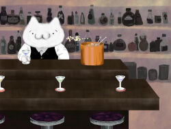  ._. 1other 2channel :3 alcohol ascii_art bar_(place) bar_counter bar_stool bartender black_vest bottle cat coaster cocktail_glass commentary_request cup drinking_glass formal_clothes glass_bottle hotpot indoors kumajyo liquor mona_(2ch) no_humans shirt stool vest white_shirt 