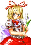  blonde_hair blue_eyes dress_shirt flower hair_ribbon highres lily_of_the_valley medicine_melancholy ribbon shirt short_hair solo sonjow4 touhou traditional_media 