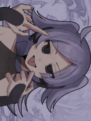  1other ahoge androgynous black_outline blue_choker blue_eyes blue_hair bow bow_choker choker close-up commentary_request hand_up headphones highres jitome long_hair looking_at_viewer middle_finger outline roize shiine_kasu short_twintails sideways solo tongue tongue_out twintails vocaloid 