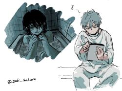  1boy 2girls alien_stage bathtub black_hair commentary eighth_note grey_hair hands_on_another's_neck holding holding_another's_wrists holding_notebook holding_pencil mizi_(alien_stage) multiple_girls musical_note notebook pants pencil shirt short_hair signature sketch smile sua_(alien_stage) tile_wall tiles till_(alien_stage) very_short_hair water white_pants white_shirt zabi_thebieru 