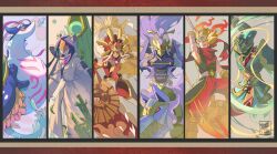  2girls 3boys 765_nanami absurdres air_bubble amaterasumon animal_helmet armor astronaut bamboo black_hair bodysuit bubble chinese_armor claw_(weapon) column_lineup covered_eyes digimon digimon_(creature) dog erlangmon facial_hair fire floating_head forehead_jewel gauntlets goatee gold_mask green_armor green_helmet helmet highres holding holding_weapon horns kaguyamon lion_head_(ornament) lion_mask long_hair long_mustache multiple_boys multiple_girls mustache nezhamon purple_hair red_bodysuit red_eyes red_scarf robe ryugumon scarf sea_slug signature single_horn smile takutoumon underwater weapon wheel white_robe yellow_eyes yin_yang 