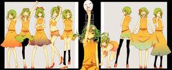  barefoot black_legwear dress female flower glasses goggles green_eyes green_hair gumi hair_flower hair_ornament hairband hairclip highres juu_mensou_(vocaloid) kingyo_(pixiv246106) leggings mask midriff multiple_persona naoto_(tulip) navel orange_dress pantyhose ponytail short_hair single_shoe solo thighhighs vocaloid zettai_ryouiki 