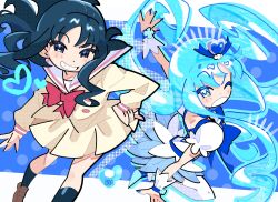  blue_choker blue_eyes blue_hair blue_skirt blue_theme bourbunbun bow brooch choker commentary cure_marine hair_ornament halftone heart heart_brooch heartcatch_precure! highres jewelry kurumi_erika long_hair magical_girl multiple_girls open_mouth precure skirt smile thigh-highs white_thighhighs wrist_cuffs 
