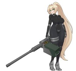  1girl absurdres armored_shoes blonde_hair bodysuit bodysuit_under_clothes breasts browning_m2 covered_navel facehurt fortified_suit fredericka_brunswick full_body green_eyes gun hair_between_eyes hair_intakes heavy_machine_gun high_heels high_ponytail highleg highleg_leotard highres holding holding_gun holding_weapon impossible_bodysuit impossible_clothes impossible_leotard jewelry large_breasts latex latex_bodysuit latex_legwear latex_leotard leotard long_hair looking_at_viewer machine_gun mecha_pilot_suit open_mouth original over-kneehighs ponytail simple_background skin_tight solo thick_thighs thigh-highs thighlet thighs very_long_hair weapon white_background 