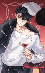  1boy 1other absurdres alien alien_stage black_eyes black_hair cocktail_glass cup drinking_glass fang feather_boa food fruit hand_on_another's_head highres holding holding_cup ichiha_(pixiv_1450931203) ivan_(alien_stage) lime_(fruit) lime_slice long_sleeves male_focus red_pupils shirt short_hair signature solo_focus table thick_eyebrows unsha_(alien_stage) very_short_hair watermark watermark_grid white_shirt 