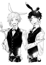  2boys akutagawa_ryuunosuke_(bungou_stray_dogs) animal_ears blush bow bowtie bungou_stray_dogs buttons commentary cropped_legs dress_shirt highres looking_at_viewer male_focus multiple_boys nakajima_atsushi_(bungou_stray_dogs) pants rabbit_ears shirt shirt_tucked_in short_hair sidelocks simple_background totomuraakat traditional_bowtie untranslatable_commentary vest waistcoat white_background 