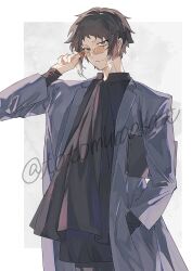  1boy akutagawa_ryuunosuke_(bungou_stray_dogs) black_hair border bungou_stray_dogs coat commentary_request grey_background hand_in_pocket highres looking_at_viewer male_focus orange-tinted_eyewear short_hair sidelocks simple_background solo tinted_eyewear totomuraakat twitter_username white_border 