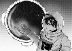  1boy astronaut curen196075 curtained_hair frown greyscale hand_on_window hand_up helmet highres male_focus monochrome omniscient_reader's_viewpoint short_hair solo space_helmet spacecraft_interior spacesuit yoo_joonghyuk 