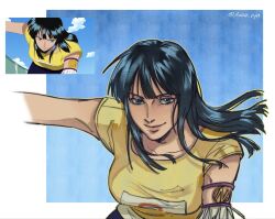  1girl aozu_ryn armband black_hair blue_eyes blue_sky blunt_bangs derivative_work frilled_armband frills highres nico_robin one_piece screenshot_redraw shirt sky smile yellow_shirt 