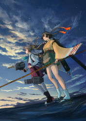  2girls absurdres blue_eyes brown_eyes brown_hair cannon clouds commentary_request day dress green_hakama hachimaki hair_ribbon hakama hakama_short_skirt hakama_skirt headband highres hiryuu_(kancolle) horizon japanese_clothes kantai_collection kazagumo_(kancolle) kimono kuragare long_hair multiple_girls necktie ocean open_mouth outdoors ponytail ribbon rigging ship_turret shirt short_hair skirt sky smile smokestack solo sunset torpedo_launcher torpedo_tubes twintails water white_shirt 