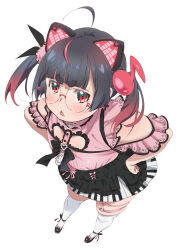  1girl :o absurdres animal_ears antenna_hair belt_collar black_bow black_dress black_hair black_shoes blunt_bangs bow cat_ears choker clothing_cutout collar contrapposto dress dress_bow dress_ribbon earrings english_commentary fat foreshortening frilled_choker frilled_dress frilled_sleeves frills from_above full_body gradient_hair hair_ornament hands_on_own_hips highres indie_virtual_youtuber jewelry jirai_kei legs_apart light_blush long_hair looking_at_viewer mina_niya multicolored_hair musical_note musical_note_hair_ornament perspective pink_bow pink_choker pink_dress pink_ribbon red_eyes red_hair ribbon shoes short_dress short_sleeves simple_background skindentation solo standing straight_hair thick_eyebrows thick_thighs thigh-highs thigh_strap thighs tomatomagica triangle_mouth twintails v-shaped_eyebrows virtual_youtuber white_background white_thighhighs 