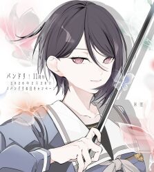  1girl anniversary bang_dream! bang_dream!_girls_band_party! black_hair blue_butterfly blue_shirt bow_(music) bug butterfly closed_mouth collarbone copyright_name dated green_butterfly hair_behind_ear hair_between_eyes hand_up hashtag highres holding holding_bow_(music) light_smile long_sleeves looking_at_viewer loose_hair_strand official_art orange_butterfly pink_butterfly pink_eyes pixie_cut portrait school_emblem school_uniform second-party_source shirt short_hair simple_background solo translation_request transparent_butterfly tsukinomori_school_uniform white_background winter_uniform yashio_rui yonemuro 