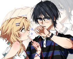  1boy 1girl alternate_costume averting_eyes bespectacled black-framed_eyewear black_hair black_mouth black_shirt black_sleeves blonde_hair blue_nails blue_shirt blunt_ends casual collared_shirt commentary contemporary contrast_collar couple dintoge dress earrings embarrassed eyelashes fingernails flying_sweatdrops frilled_dress frills genshin_impact glasses hair_ornament hairclip hand_up hetero highres index_finger_raised jewelry light_blush looking_at_another looking_down lower_teeth_only lumine_(genshin_impact) more_muscular_than_canon open_mouth pointing pointing_at_self scaramouche_(genshin_impact) semi-rimless_eyewear shirt short_hair short_hair_with_long_locks short_sleeves shoulder_blush sidelocks sideways_mouth single_bare_shoulder sketch striped_clothes striped_shirt tareme teeth tsurime untranslatable_commentary violet_eyes watch watch white_background white_dress wispy_bangs wristband yellow_eyes zoom_layer 