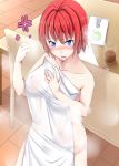  bare_shoulders blue_eyes blush breasts covering covering_breasts kaeru_no_ashi naked_towel no_bra no_panties nude nude_cover open_mouth original red_hair redhead solo standing stann 