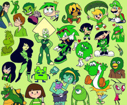  1other 6+boys 6+girls adventure_time alien animal_nose aqua_teen_hunger_force arsene_lupin_iii asui_tsuyu beast_boy_(dc) bird black_eyes black_hair black_lips blonde_hair blue_overalls bmo bodysuit boku_no_hero_academia bowser brown_hair buttercup_(ppg) chara_(undertale) codename:_kids_next_door colored_sclera colored_skin cosmo_(fairly_oddparents) crown cyclops dc_comics deku_link domestic_maid don't_hug_me_i'm_scared dress duck duck_(dhmis) earrings east-west_crossover eyewear_on_head face_shield facial_hair fairy fairy_wings floating_crown frog frog_boy frog_girl furry furry_male gem_(steven_universe) green_(m&amp;m's) green_background green_bodysuit green_dress green_eyes green_fur green_hair green_hat green_shirt green_shoes green_skin green_sweater green_theme green_tunic gumby hair_bun hairband hat hedgehog_boy holding holding_detached_head holding_knife holding_stuffed_toy homeworld_gem_uniform how_the_grinch_stole_christmas! ignignokt invader_zim jacket jewelry kermit_the_frog kim_possible_(series) king_koopa knife leather leather_jacket link luigi luigi's_mansion lupin_iii m&amp;m's mike_wazowski mini_person minigirl monsters_inc. mooninites multicolored_bodysuit multiple_boys multiple_girls muppets mustache numbuh_3 one-eyed overalls peridot_(steven_universe) pixelated plankton plankton_(spongebob) powerpuff_girls purple_tank_top red-framed_eyewear red_eyes rottytops scooby-doo_(series) scourge_the_hedgehog shaggy_rogers shantae_(series) shego shell shirt shoes simple_background skull_belt skull_earrings sonic_(series) sonic_the_hedgehog_(archie_comics) spongebob_squarepants_(series) steven_universe stitched_arm stitches striped_clothes striped_sweater stubble stuffed_toy sunglasses super_mario_bros. sweater tank_top teen_titans the_fairly_oddparents the_grinch the_super_mario_bros._super_show! tinker_bell_(disney) toon_(style) toon_link triangle-shaped_hair tunic undertale utdr_(toby_fox) walt_disney's_peter_pan wings yellow_hairband yellow_sclera yoshi zim_(invader_zim) zombie 