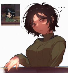  ... 1girl black_eyes black_hair commentary earrings english_commentary eyeshadow fingernails green_sweater hallojigsawpanda highres hollie_hawkes jewelry light_frown looking_at_viewer makeup purple_eyeshadow reference_inset ribbed_sweater scott_pilgrim_(series) scott_pilgrim_takes_off short_hair solo sweater table turtleneck turtleneck_sweater white_background 