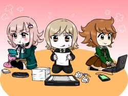  1girl 2boys :t animal_bag bag blonde_hair blush brown_hair brown_skirt cable cat_bag cellphone chibi chibi_only commentary computer crossdressing crossdressing_(mtf) danganronpa:_trigger_happy_havoc danganronpa_(series) danganronpa_2:_goodbye_despair danganronpa_3_(anime) drawing_(object) eraser flipped_hair flower flying_sweatdrops formal_clothes fujisaki_chihiro gia-draws-things green_eyes green_jacket green_necktie handheld_game_console holding holding_handheld_game_console holding_pen hood jacket laptop licking_lips medium_hair mitarai_ryota multiple_boys nanami_chiaki neck_ribbon necktie nintendo_3ds nintendo_ds pen pencil phone pink_bag pink_eyes pink_hair pink_ribbon playstation_portable ribbon rocket_hair_ornament sitting skirt suit tongue tongue_out trap two-tone_shirt typing yellow_eyes 