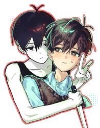  2boys antenna_hair black_tank_top bright_pupils closed_mouth collarbone colored_skin commentary double-parted_bangs hair_between_eyes highres holding holding_knife jooee4124 knife looking_at_another looking_at_viewer male_focus multiple_boys omori omori_(omori) outline parted_lips red_outline short_hair simple_background sunny_(omori) sweatdrop tank_top untranslatable_commentary v white_background white_pupils white_skin 