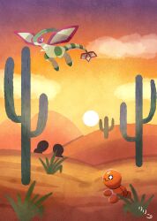  absurdres cactus claws desert dragon flygon flying green_wings highres no_humans nostrils pokemon pokemon_(creature) pokemon_focus red_eyes ririko_(nagareboshi) sunset tail trapinch wings 